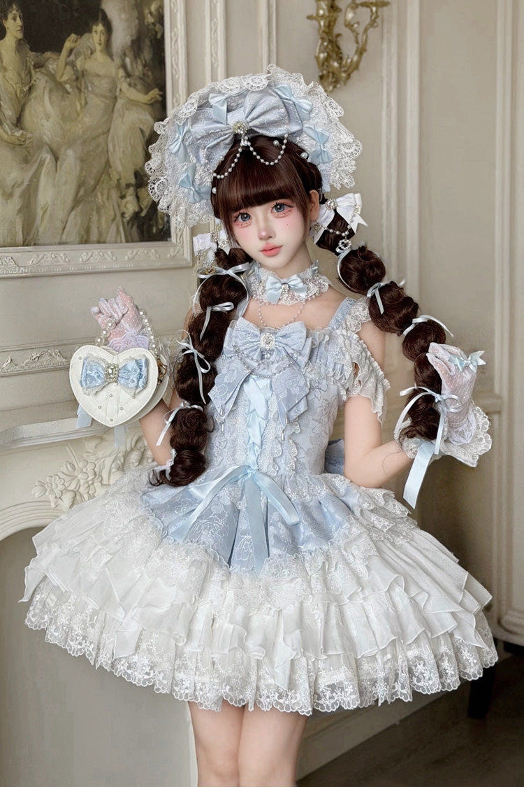 Blue [Pearl Ballet] Square Collar Sleeveless Multi-Layered Ruffled Bow Lace-Up Pearl-Decorated Sweet Ballet Lolita Jsk Dress - Blue(Dress-Only) - 1