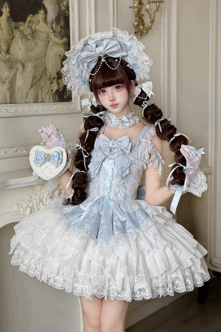 Blue [Pearl Ballet] Square Collar Sleeveless Multi-Layered Ruffled Bow Lace-Up Pearl-Decorated Sweet Ballet Lolita Jsk Dress - Blue(Dress-Only) - 1