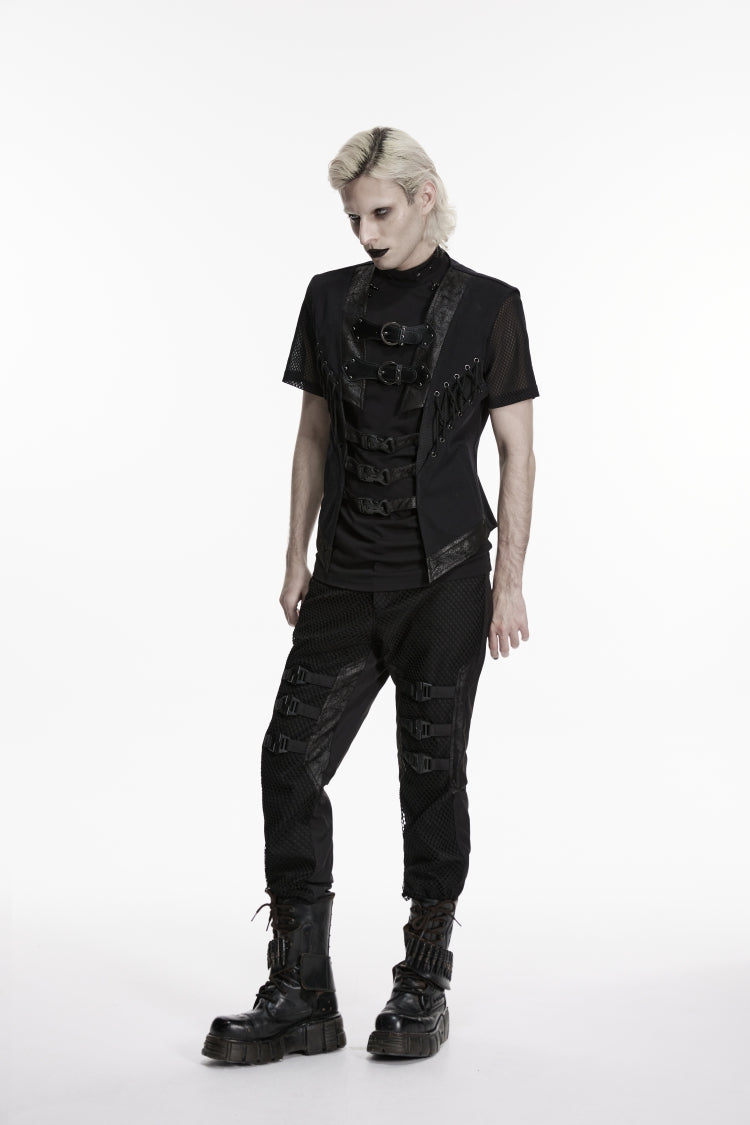Black Cut-Out Lace-Up Slim Mesh Buckled Eyelet Men's Punk Handsome Vest - Product - 5