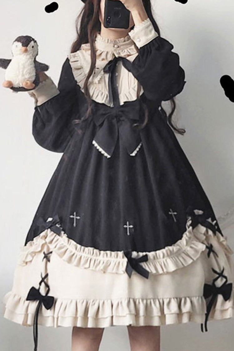 Black Round Collar Chest Bow Cross Print Ruffled Sweet Lolita Op Dress - Black - 1