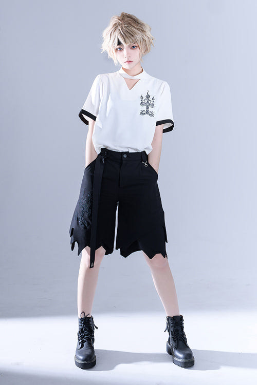 White Hollow V Collar Spooky Shadow Embroidered Ouji Lolita Short Sleeves - Product - 2