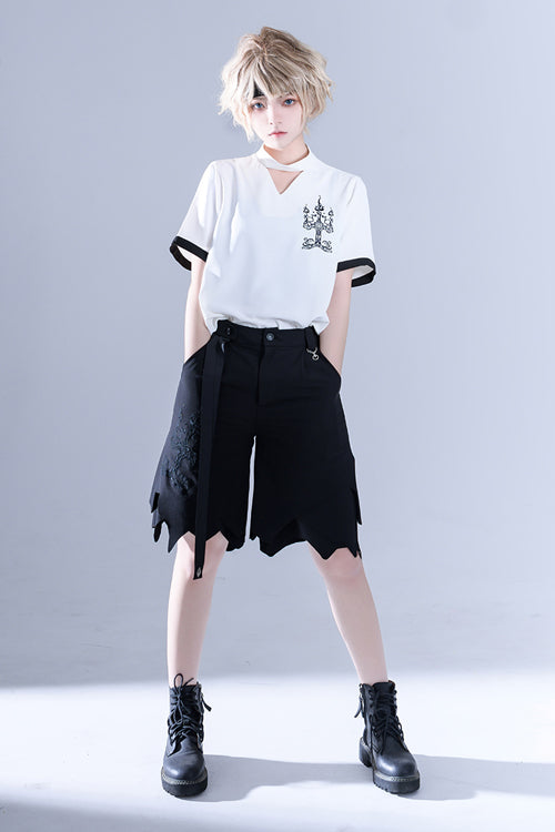 White Hollow V Collar Spooky Shadow Embroidered Ouji Lolita Short Sleeves - Product - 2