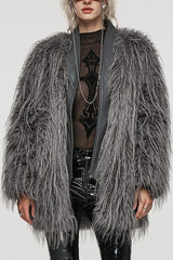 Grey Faux Fur Wool Side Long Sleeves Stitching Womens Gothic Elegant Coat - Grey - 1