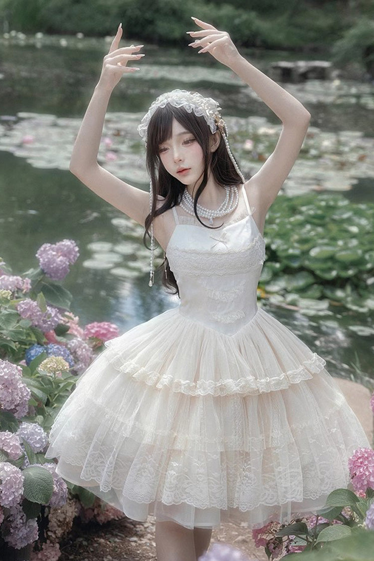 Ivory Tower Multi-layer Ruffle Embroidery Sweet Elegant Lolita Jsk Dress (Short Version) - Ivory - 1