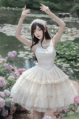 Ivory Tower Multi-layer Ruffle Embroidery Sweet Elegant Lolita Jsk Dress (Short Version) - Ivory - 1