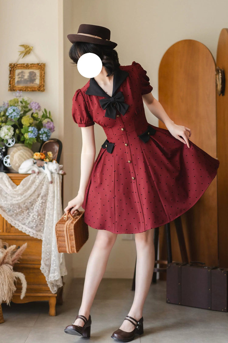 Red [Forest Boulotty] Lapel Collar Short Sleeves Heart-Shaped Polka Dot Printed Bow Sweet Lolita Dress - Product - 7
