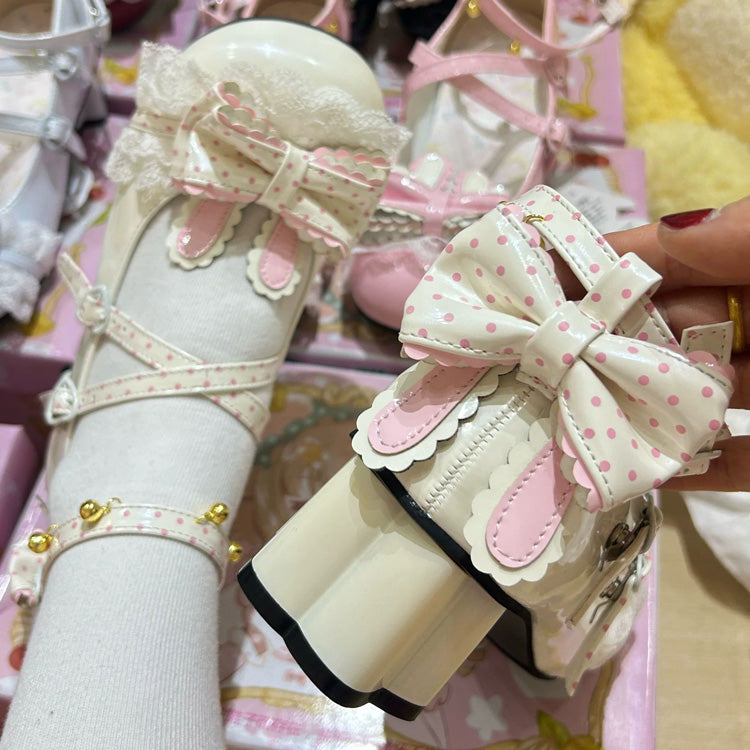 Rabbit Accent Bow Cross-Strap Mid-Heel Lolita Shoes with Cat Paw Heels and Ankle Bells - Product - 3