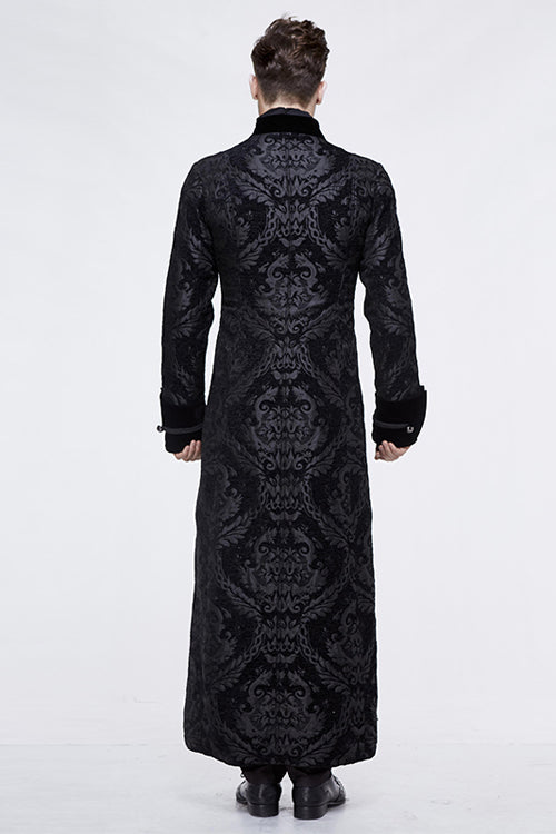 Black Gothic Patterned Metal Buttons Mens Velveteen Long Coat - Product - 3