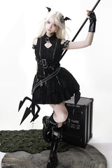 Black [Hunter] Stand Collar Off Shoulder Ruffle Embroidery Zipper Gothic Lolita Dress - Product - 2