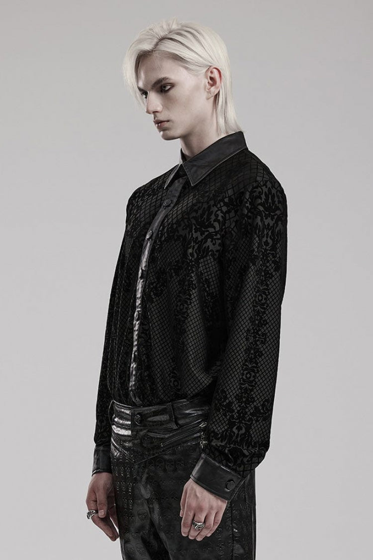 Black Floral Print Faux Leather Stitching Skull Button Decorated Mens Gothic Blouse - Product - 2