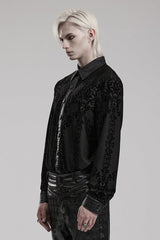 Black Floral Print Faux Leather Stitching Skull Button Decorated Mens Gothic Blouse - Product - 2