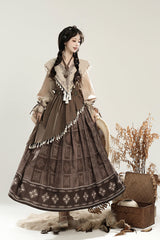 Brown [Mysterious Tribe] Long Lantern Sleeves Print Ruffle Asymmetric Sweet Chinese Style Lolita Dress - Product - 7