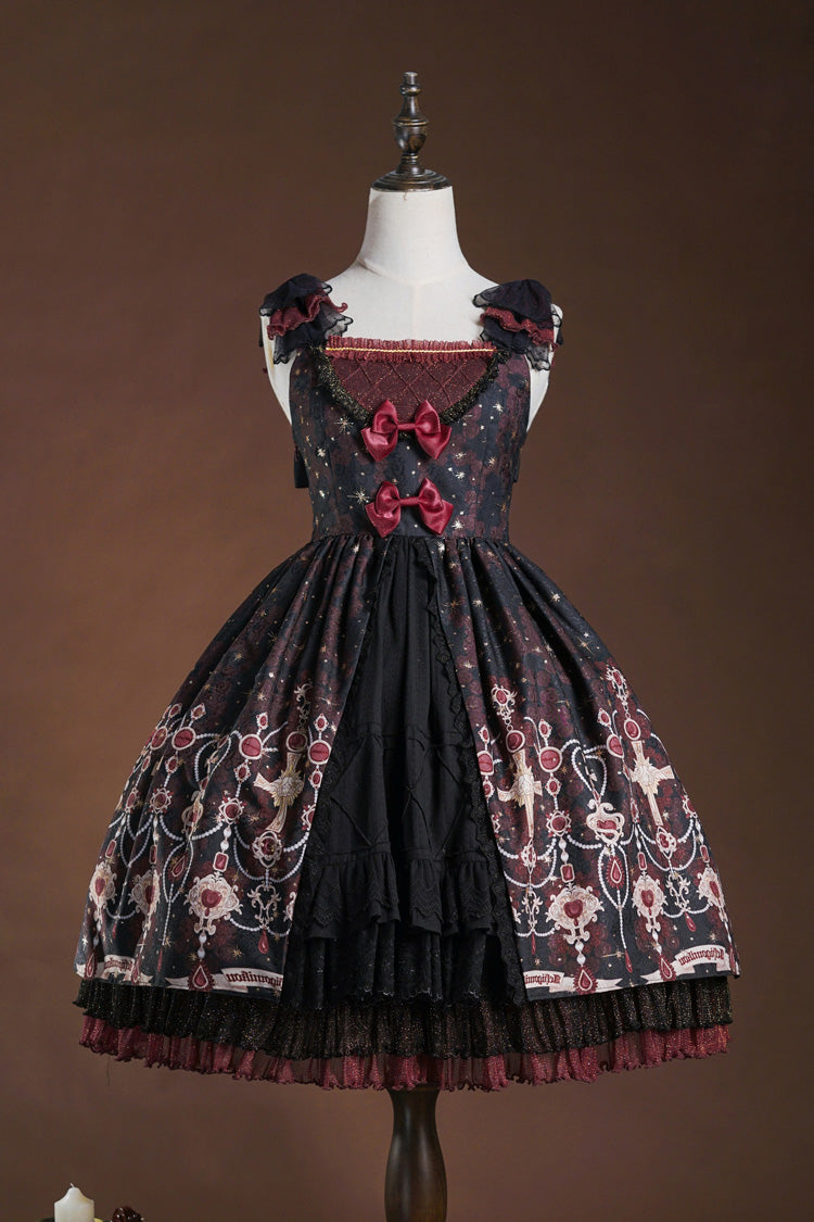 Red/Black [Stone of Eden] Triple-Layered Print Ruffle Hot Stamping Cardigan Bowknot Lace Elegant Sweet Lolita Jsk Dress - Red/Black - 1