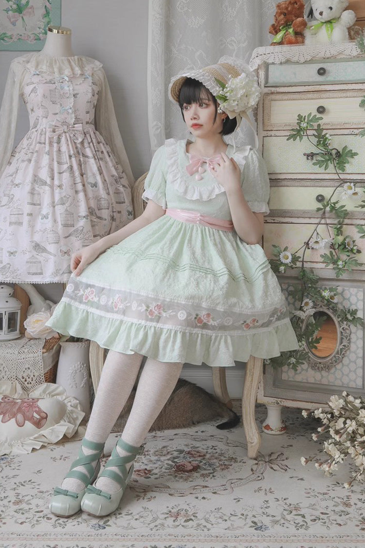 Green Short Sleeves Rose Print Ruffle Bowknot Sweet Lolita Dress - Product - 2
