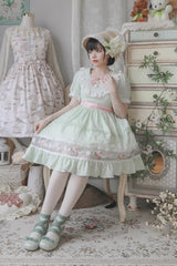 Green Short Sleeves Rose Print Ruffle Bowknot Sweet Lolita Dress - Product - 2
