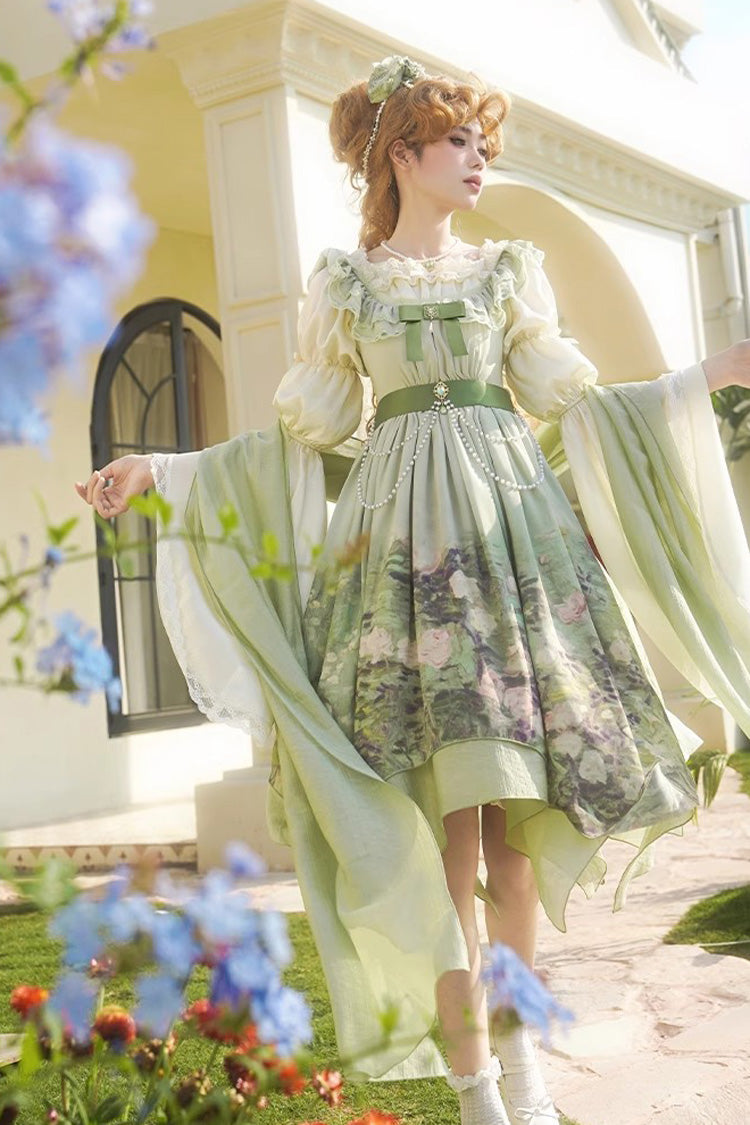 Green [Blooming Roses] Print Oil Painting Chiffon Ruffle Bowknot Irregular Sweet Lolita Jsk Dress - Product - 13
