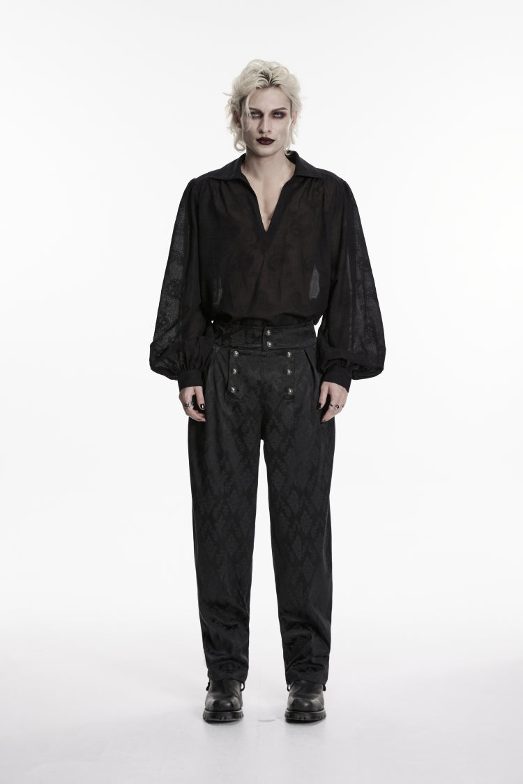 Black Lapel Collar Long Lantern Sleeves Printed Embroidered Men's Gothic Shirt - Product - 1