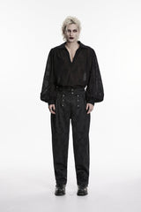Black Lapel Collar Long Lantern Sleeves Printed Embroidered Men's Gothic Shirt - Product - 1