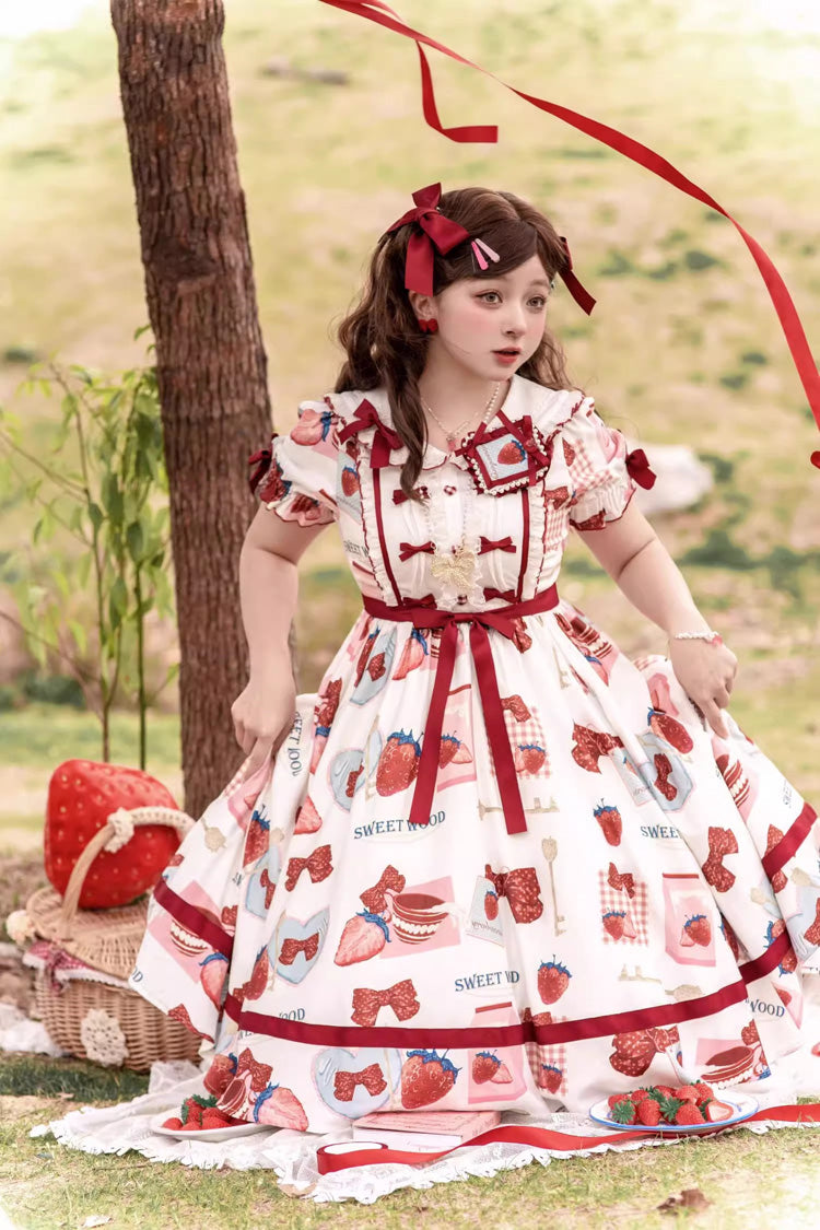 Multi-Color Strawberry Bowknot Print Short Sleeves Short Version Sweet (Dress Only) detail view 4