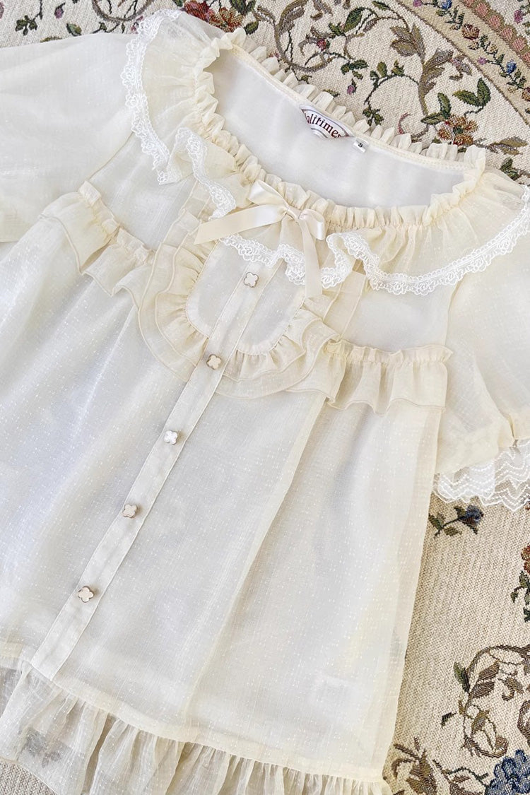 Sweet Elegant Round Collar Ruffle Short Sleeves Lolita Chiffon Blouse 2 Colors - Product - 4