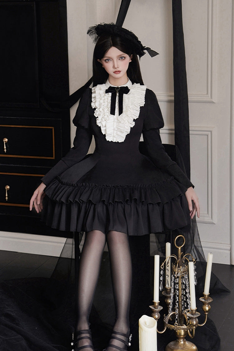 Black [Miss Weir] Stand Collar Long Sleeves Double-Layered Ruffle Gothic Lolita Dress - Product - 5