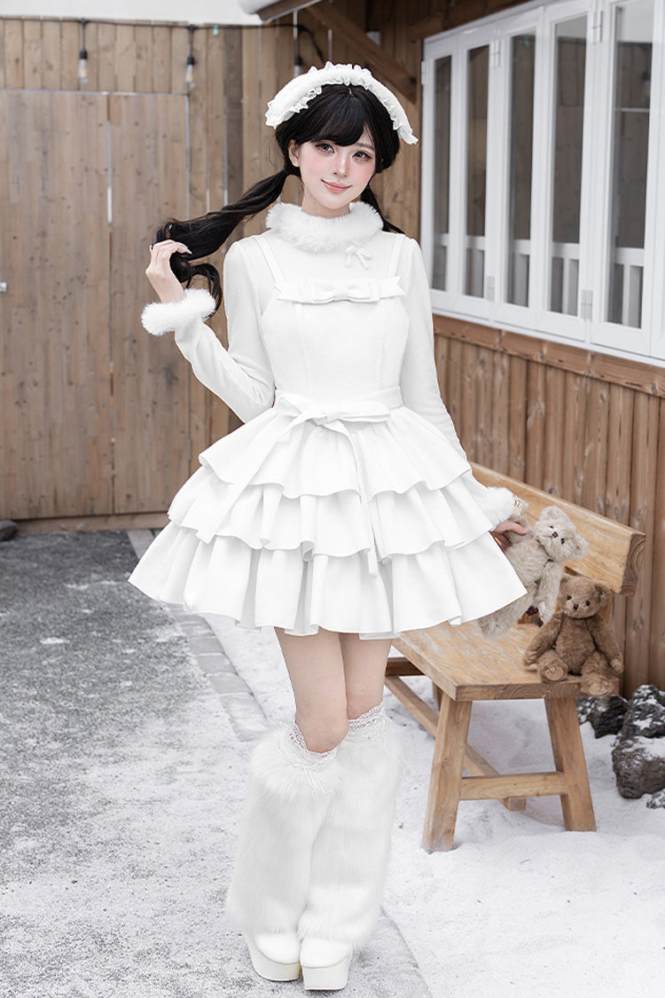 [White Chocolate] Triple-Layered Ruffle Bowknot Sweet Lolita Jsk Dress Set - Product - 3