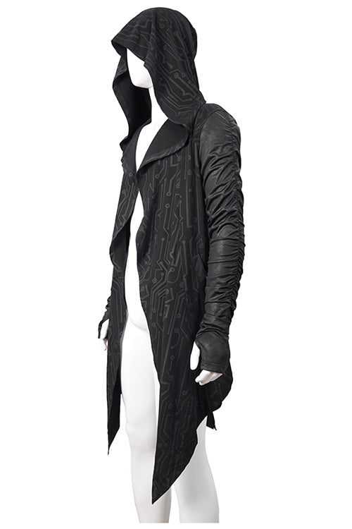 Black Hooded Wrinkled Sleeves Circuit Diagram Print Knit Long Mens Punk Coat - Product - 6