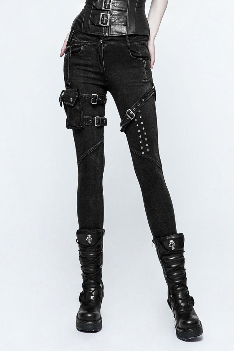 Black Removable Pocket Buttonhole Trim Skinny Stretch Denim Women's Punk Trouser - Black - 1
