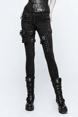 Black Removable Pocket Buttonhole Trim Skinny Stretch Denim Women's Punk Trouser - Black - 1