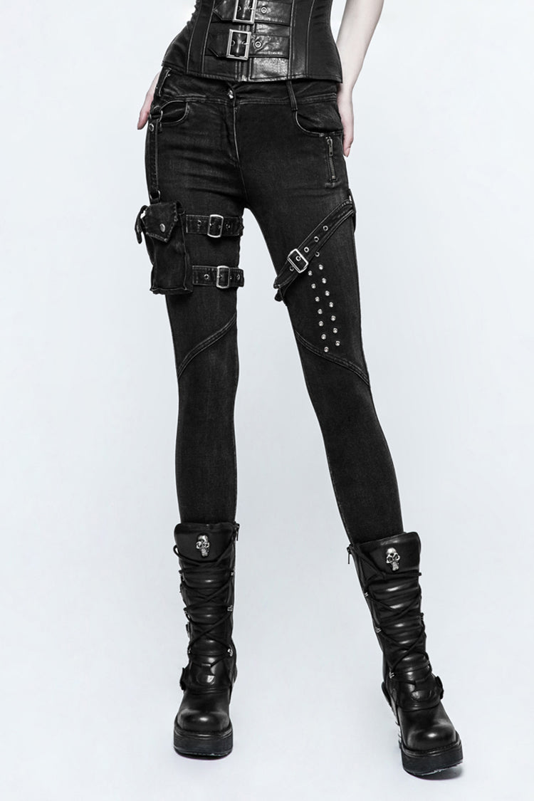 Black Removable Pocket Buttonhole Trim Skinny Stretch Denim Women's Punk Trouser - Black - 1