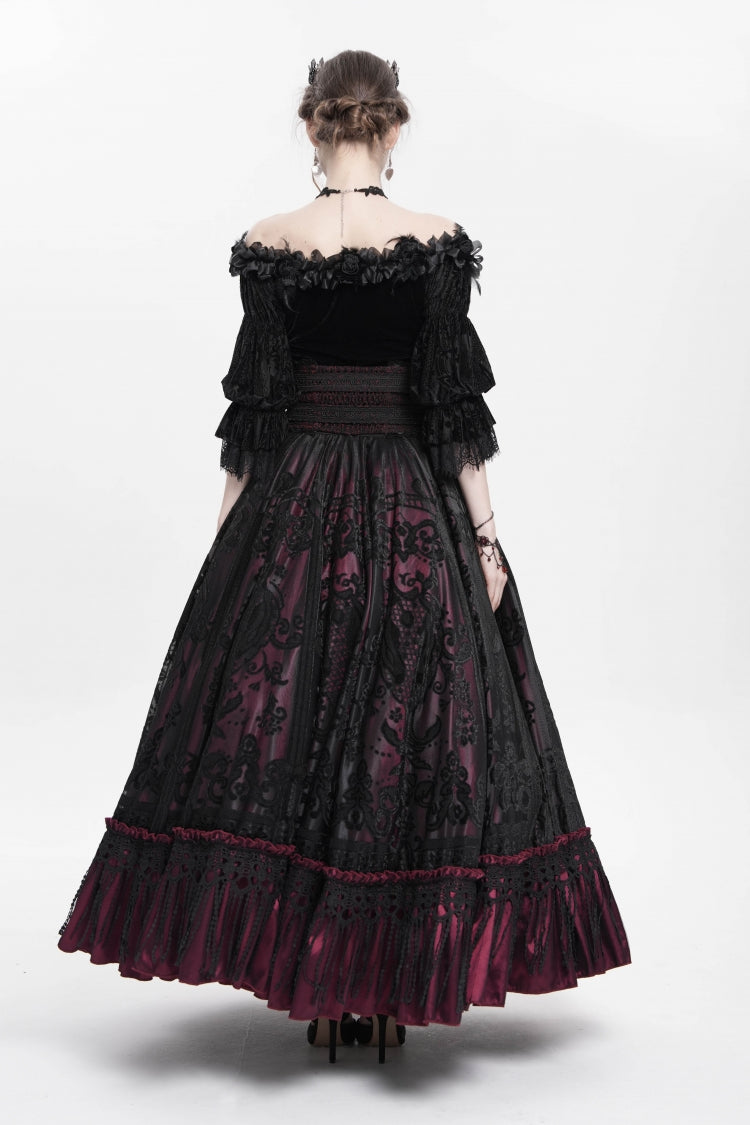 Red Jacquard Embroidery Buckle Tassels Women's Gothic Long Skirt - Product - 6