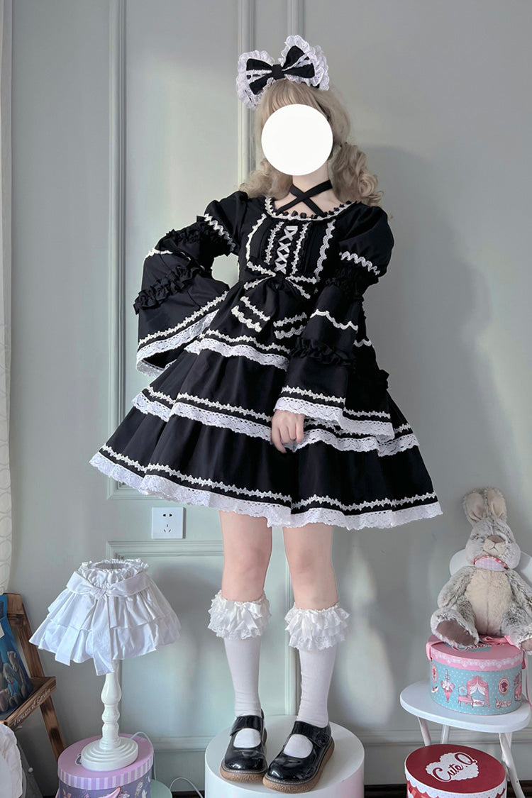 Black Triple-Layered Detachable Sleeves Bowknot Lace-Up Gothic Lolita Dress - Product - 5