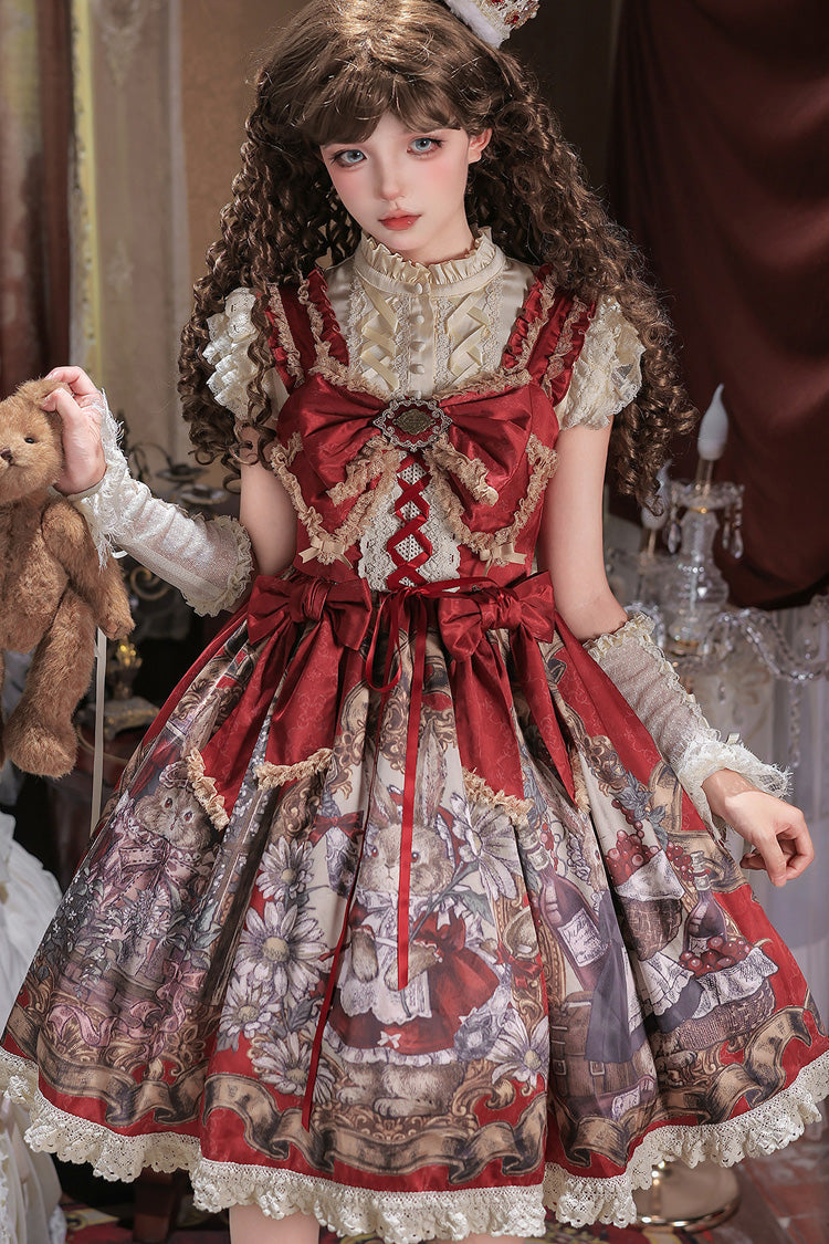 Red [Mystery Bunny] Sleeveless Jacquard Printed Ruffled Bow Lace Classic Lolita Jsk Dress Set - Red(Set) - 1