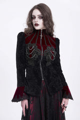 Black/Red Stand Collar Long Trumpet Sleeves Embroidery Women's Gothic Jacket - Product - 4