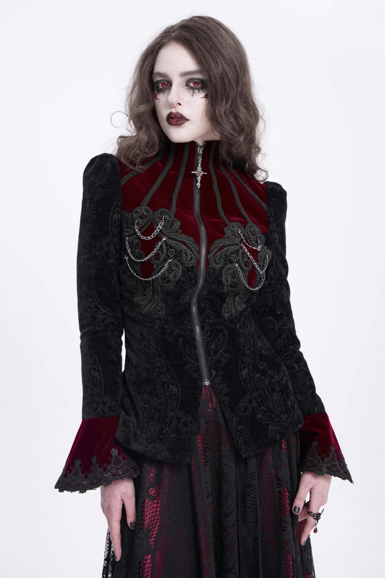 Black/Red Stand Collar Long Trumpet Sleeves Embroidery Women's Gothic Jacket - Product - 4