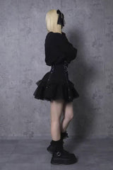 Black High Waisted Ruffle Embroidery Gothic Jirai Kei Japanese Skirt - Product - 7