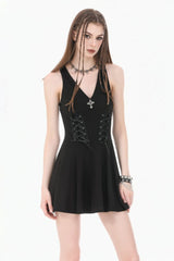 Black Cross Plunging Sleeveless Side Corset Lace-Up Women's Gothic Short Dress - Product - 7