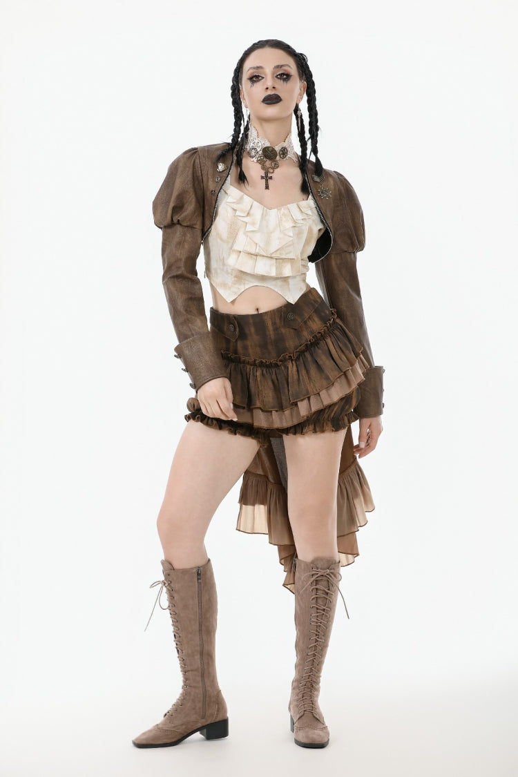 Brown Long Puff Sleeves Zippered Metal-Accented Women's Steampunk Vintage Wrap - Product - 9