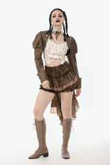 Brown Long Puff Sleeves Zippered Metal-Accented Women's Steampunk Vintage Wrap - Product - 9