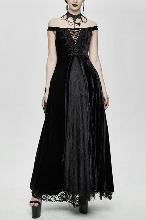Gothic Queen Velvet Flat Shouders Lace Up Deep V Chest Slim Sexy Womens Long Dress - Black - 1
