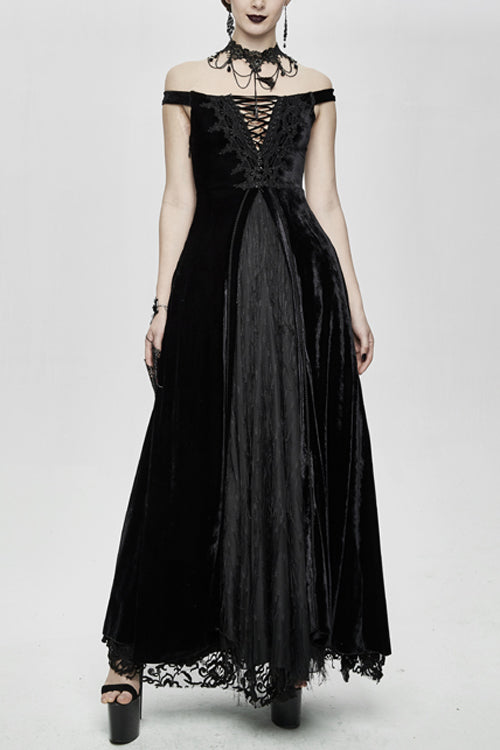 Gothic Queen Velvet Flat Shouders Lace Up Deep V Chest Slim Sexy Womens Long Dress - Black - 1