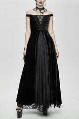 Gothic Queen Velvet Flat Shouders Lace Up Deep V Chest Slim Sexy Womens Long Dress - Black - 1