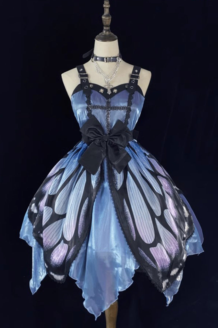 Black/Blue Butterfly Effect Sleeveless Print Bowknot Version Gothic Punk Lolita Dress - Product - 2