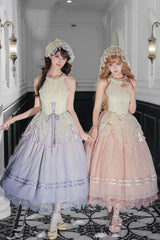 [Tulip Scent] Halterneck Sleeveless Printed Ruffled Lace Lace-Up Fishbone Sweet Lolita Jsk Dress Set (Pink/Purple 2 Colors) - Product - 2