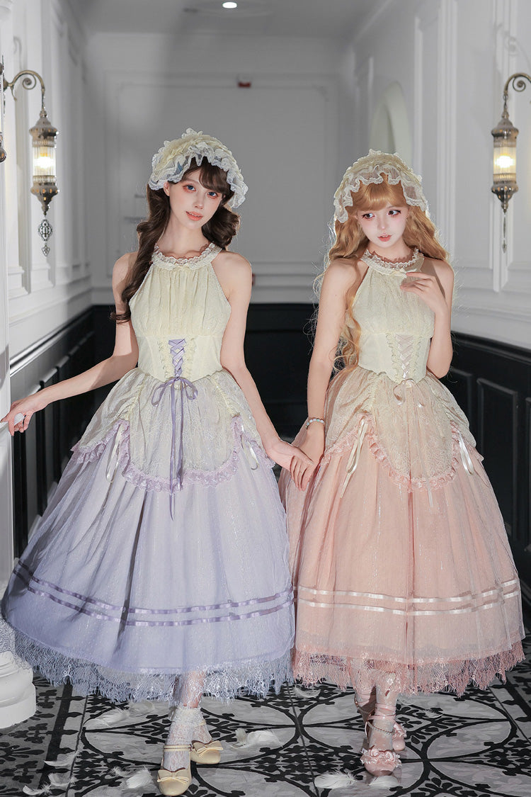 [Tulip Scent] Halterneck Sleeveless Printed Ruffled Lace Lace-Up Fishbone Sweet Lolita Jsk Dress Set (Pink/Purple 2 Colors) - Product - 2