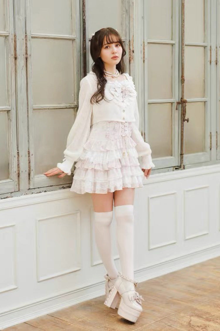 Jirai Kei Long Sleeves Multi-Layered Printed Ruffled Bow Sweet Dress 3 Colors - Product - 9