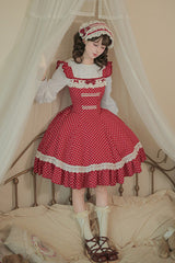 Red [Showa Memoir] Polka Dots Printed Ruffled Bow Sweet Lolita Dress - Product - 15