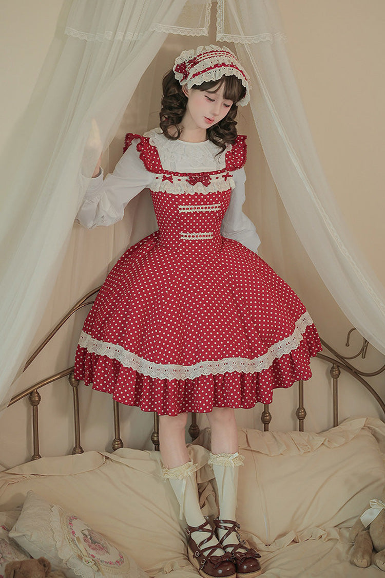 Red [Showa Memoir] Polka Dots Printed Ruffled Bow Sweet Lolita Dress - Product - 15