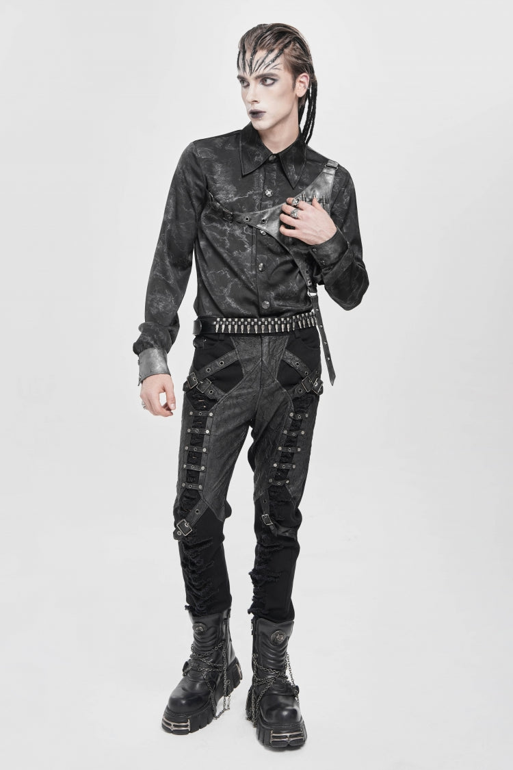 Black Ripped Buckle Straps Men's Punk Pants - Product - 13