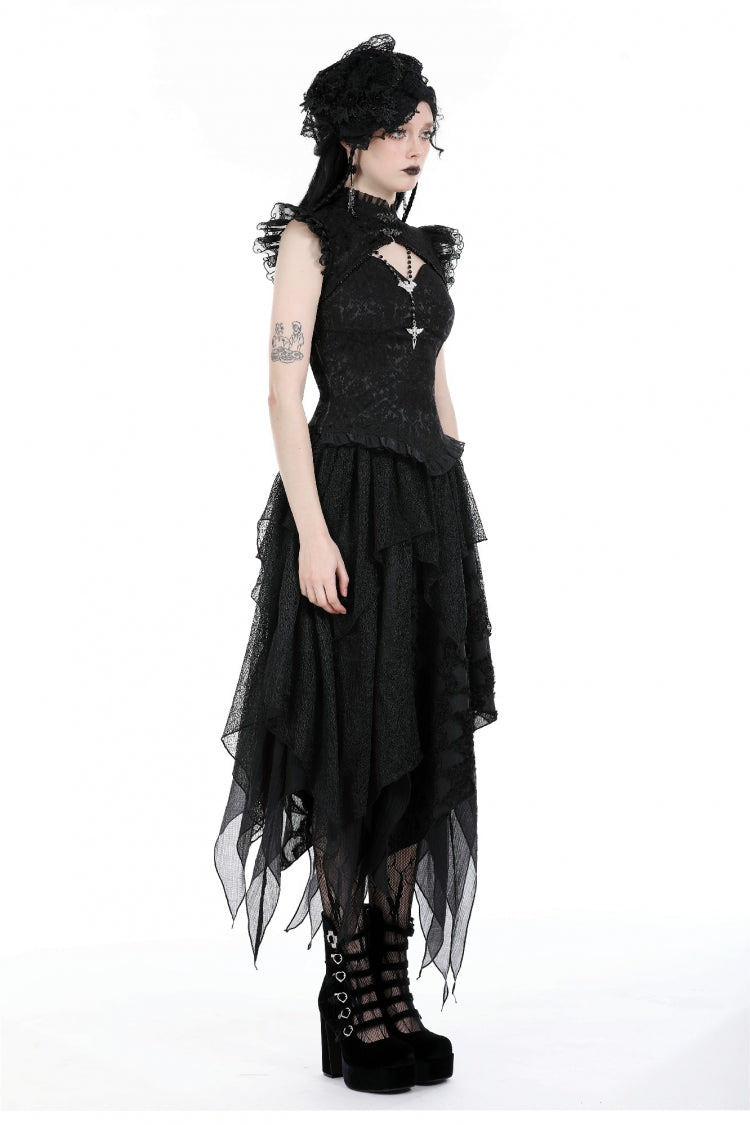 Black Women's Gothic Punk Multi-Layered Irregular Handkerchief Hem Lace Skirt - Product - 7